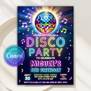 Disco Party Invitation, Disco Birthday Invitation, Disco Invitation, Disco Ball Birthday Invite, Neon Glow Dance Party Invite Canva Template