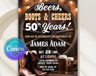 Invitación de cumpleaños con botas de cerveza y brindis, fiesta de cumpleaños de vaquero del oeste, invitación rústica de madera, invitación de brindis y cervezas, Canva