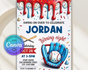 Baseball Birthday Invitation, Ice Cream Drip, Canva Template (Digital Download)