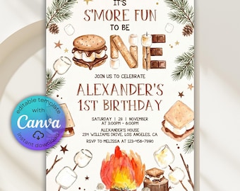 S'more Birthday Invitation, S'more Fun to Be ONE Birthday Invitation, Bonfire Party, Campfire, Autumn Fall Party, Editable Canva Template