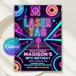 Laser Tag Geburtstagseinladung, Neon Laser Tag einladen, Glow Laser Tag Geburtstag, Teen Laser Tag Indoor Geburtstag Flyer, bearbeitbare Canva Vorlage