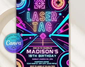 Invitación de cumpleaños de laser tag, invitación de laser tag neón, cumpleaños de laser tag brillante, volante de cumpleaños de laser tag para adolescentes en interiores, plantilla editable de Canva
