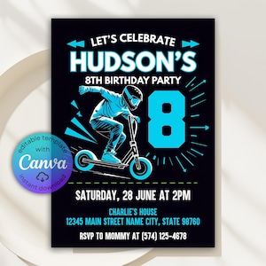 Skate Park Scooter Invitation, Scooter Birthday Invitation, Scooter Birthday Party, Skate Park Invite, Skate Party Invitation Canva Template