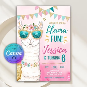Editable Llama Birthday Invitation, Llama Invitation, A Whole Llama Fun, Llama Fun Party Invite, Fiesta Llama, Printable Canva Template, DIY