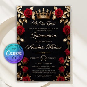 Editable Quinceañera Invitation, Mis Quince Invitation, Quinceanera Invite, Red Roses invitation, Red Gold Black, Mis Quince Anos, Canva