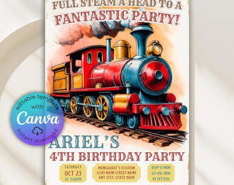 Train Birthday Express Party Invitation, Vintage Train Birthday Invitation, Train Party Invite, Train Themed Birthday Card, Train Invitation