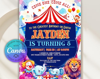 Carnival Birthday Invitation, Circus Party, Editable Canva Template (Digital Download)