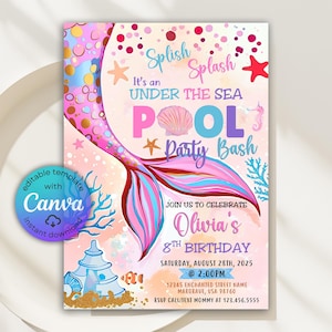 Mermaid Pool Party invitation, Under the Sea Invitation, Mermaid Pool Party Invite, Splish Splash Mermaid Birthday Invitation Canva Template
