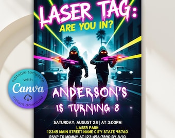 Neon Laser Tag Birthday Invitation, Glow Arcade Party (Digital Template)