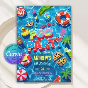 Swimming Pool Party Invitation, Summer Pool Party Invite, Pool Party Birthday Invitation, Summer Invitation, Summer Birthday, Canva Template