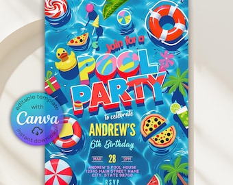 Swimming Pool Party Invitation, Summer Pool Party Invite, Pool Party Birthday Invitation, Summer Invitation, Summer Birthday, Canva Template