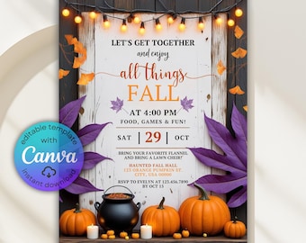 Invitación para fiesta de calabaza de otoño, invitación para Acción de Gracias (plantilla de Canva)