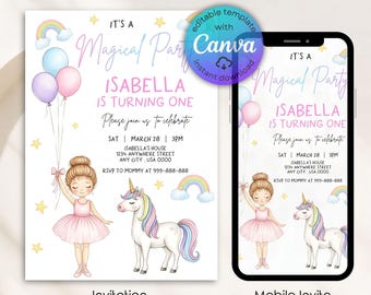 Unicorn Princess Birthday Invitation, Princess Ballerina Magical Fairytale Invitation, Pastel Rainbow, Fairytale Princess, Editable Canva
