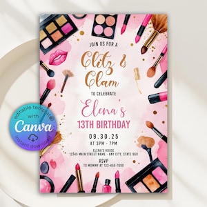 Editable Glitz and Glam Birthday Invitation, Spa Party Invite, Pamper Party, Makeup Invitation, Skin Care Party, Printable Canva Template
