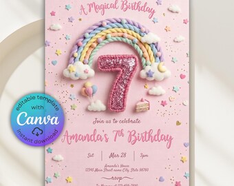 Girl 7th Birthday Invitation, Rainbow Birthday Invitation, Girls Pink Birthday Invite, Magical Rainbow Sparkle Party Invite, Canva Template