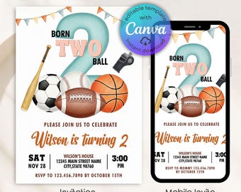 Invitación de cumpleaños deportiva, invitación deportiva All Star, invitación temática de Born Two Ball Sport, invitación de cumpleaños para fiesta deportiva, Canva editable