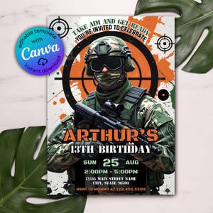Airsoft-Geburtstagseinladung, Airsoft-Schlachteinladung, Airsoft-Spielpartyeinladung, Camouflage Militärarmee-Geburtstags-Geburtstags-Geburtstags-Einladung, Dart Gun Einladen, Canva Evite
