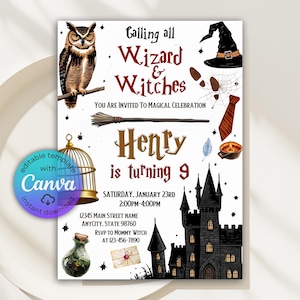 Editable Magical Invitation, Wizards Witches Birthday Invitation, Magic Wizardry Castle Party Invite, Magic theme Birthday, Canva Template