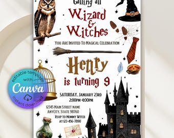 Editable Magical Invitation, Wizards Witches Birthday Invitation, Magic Wizardry Castle Party Invite, Magic theme Birthday, Canva Template