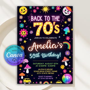 Terug naar de jaren 70 verjaardagsuitnodiging, groovy jaren 70 uitnodiging, retro jaren 70 thema verjaardag, hippie neon glow dance throwback feestuitnodiging Canva