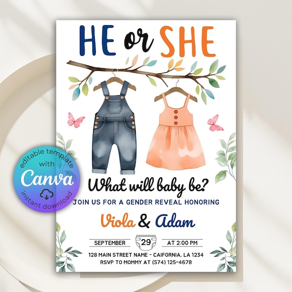Baby Clothesline Gender Reveal Invitation: Greenery Boho Design (Digital Download)