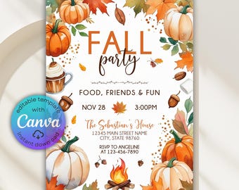 Może przedstawiać: Zaproszenie na jesienne przyjęcie z dyniami, liśćmi i żołędziami. Tekst głosi "FALL party" i zawiera szczegóły: Food, Friends & Fun, 28 listopada, 15:00, oraz The Sebastian's House. Szablon Canva.