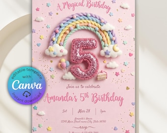 Girl 5th Birthday Invitation, Rainbow Birthday Invitation, Girls Pink Birthday Invite, Magical Rainbow Sparkle Party Invite, Canva Template