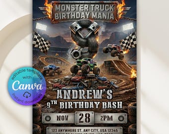 Monster Truck Birthday Invitation, Monster Truck 9th Birthday Mania Boy, Truck Party Invite, Monster Truck Invitation, Truck Birthday, Canva