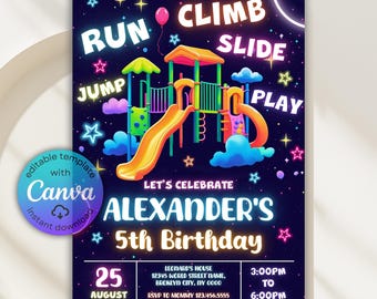 Invitación editable para fiesta de cumpleaños en el parque infantil: corre, tobogán, trepa, salta y juega. ¡Juguemos en el gimnasio de la jungla! Invitación para el parque infantil, plantilla de Canva.