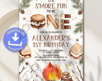 S'more Birthday Invitation, S'more Fun to Be ONE Birthday Invitation, Bonfire Party, Campfire, Autumn Fall Party, Personalized Invitation