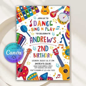 Peut inclure: Invitation d'anniversaire colorée avec des instruments de musique et le texte "Dance, Sing N Play" pour célébrer le 2e anniversaire d'Andrew. Comprend la date, l'heure, l'adresse et les informations RSVP. Modèle modifiable avec Canva.