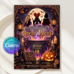 May include: A rectangular invitation template featuring three figures standing before a full moon, a bubbling cauldron with purple smoke, a jack-o'-lantern, and a spellbook. Text reads: JOIN US FOR A BUNCH OF HOCUS POCUS, Sienna IS TURNING 10, OCTOBER 28 AT 4:00PM.