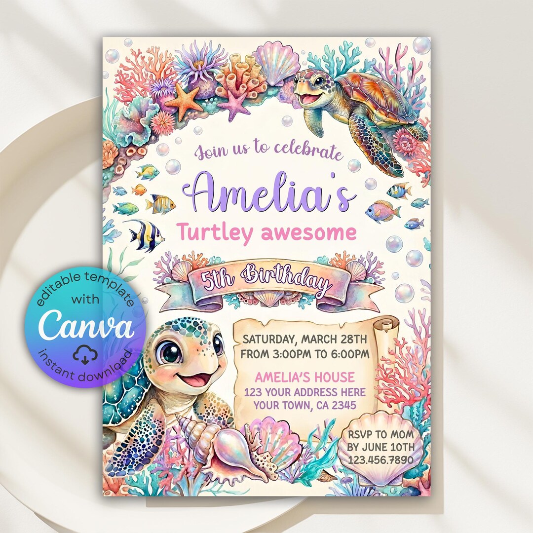Sea Turtle Birthday Invitation, Turtley Awesome Birthday, Whimsical ...