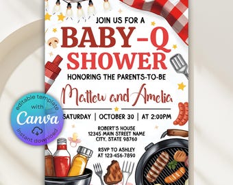 Baby-Q babyshoweruitnodiging, barbecuethema, bewerkbare canvassjabloon