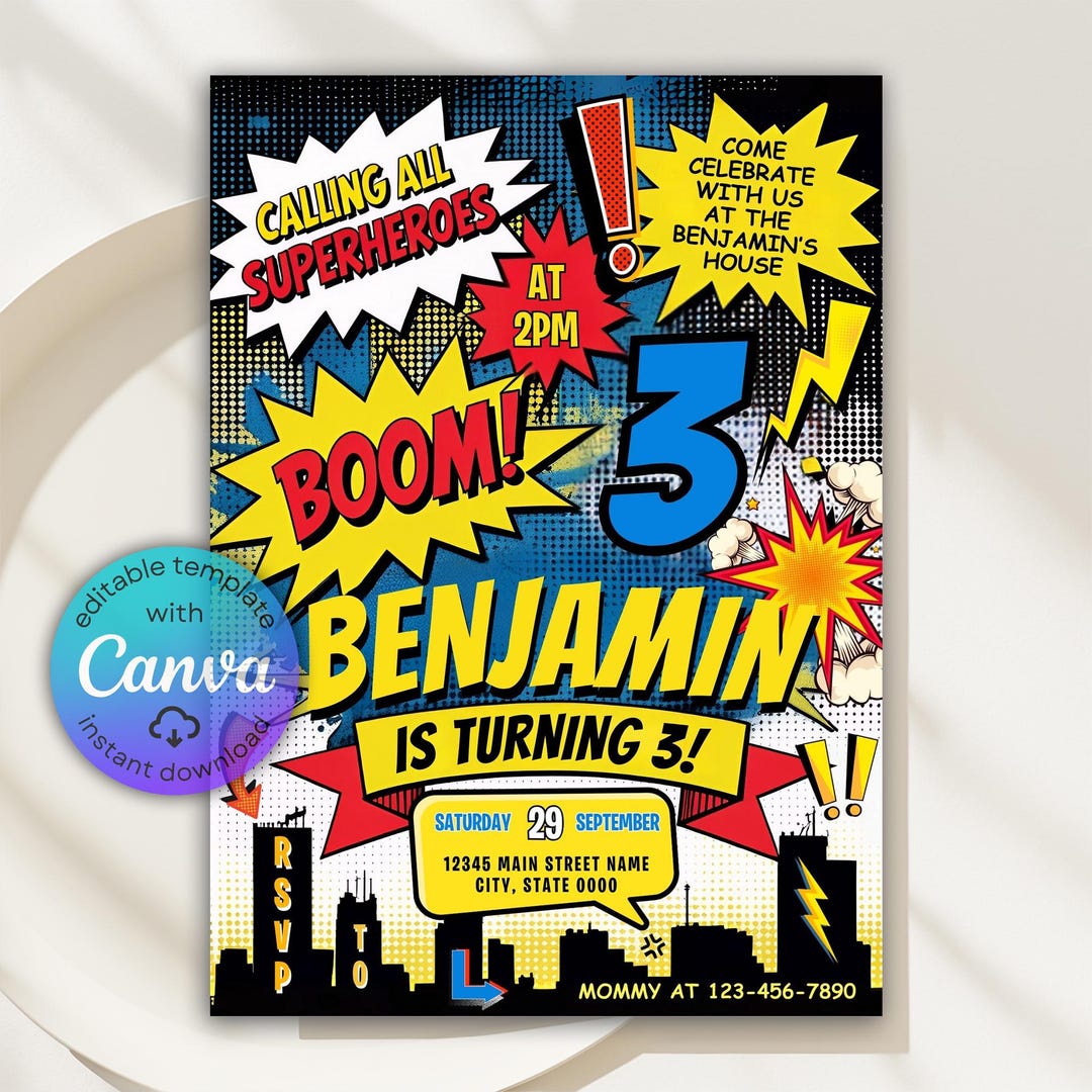 Superhero Birthday Invitation, Comic Book Theme Party Invite, Canva ...