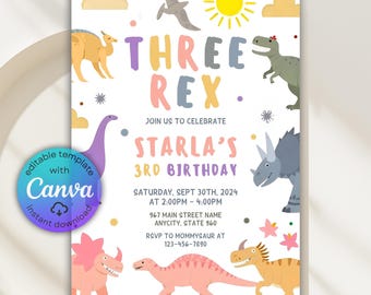 Editable Pastel Dinosaur Birthday Invitation, Dinosaur Invitation, Dino Party Theme, Cute Dino Invite, Stomp Chomp and Rawr, Canva Template