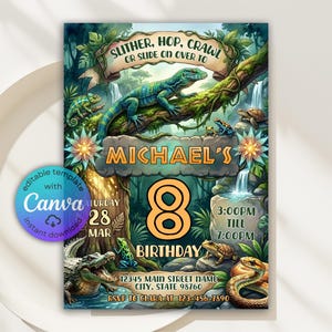 May include: A vibrant birthday invitation with a jungle theme. The design features a large lizard, waterfalls, and various reptiles. Text includes "SLITHER, HOP, CRAWL", "MICHAEL'S", and party details. The invitation is an editable template with Canva.