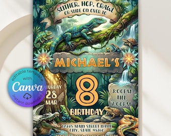 Invitación de cumpleaños con temática de reptiles, invitación para fiesta de reptiles, invitación para reptiles, invitación para espectáculo de reptiles, fiesta temática de zoológico, plantilla editable de Canva