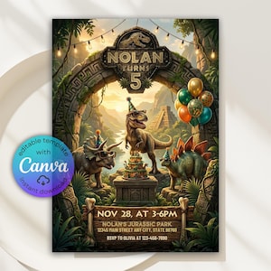 Op de afbeelding: Een verjaardagsuitnodigingssjabloon met drie dinosaurussen met feesthoedjes en zonnebrillen in een jungle-omgeving met een stenen boog. De tekst luidt: Nolan turns 5, Nov 28, at 3-6pm, Nolan's Jurassic Park, 12345 Main Street Any City, State 98760, RSVP to Olivia at 123-456-7890.