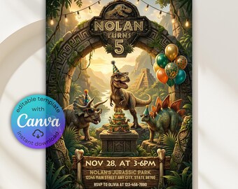 Invitación de dinosaurio editable, invitación de cumpleaños de dinosaurio, invitación para fiesta de T-Rex, fiesta de dinosaurios, invitación de dinosaurios de Jurassic World, plantilla de Canva