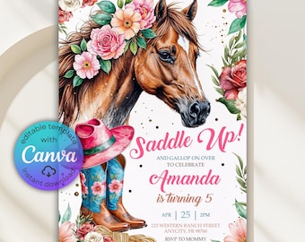 Invitación de cumpleaños con caballo floral, fiesta vaquera del oeste (plantilla de Canva)
