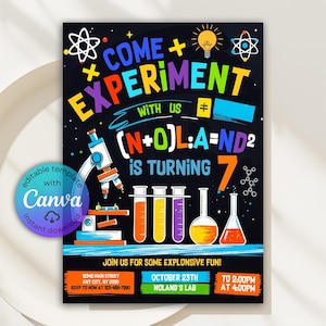 Editable Science Birthday Invitation, Science Experiment Birthday, Science Lab Party Invite, Mad Science Invitation, Canva Template, Evite