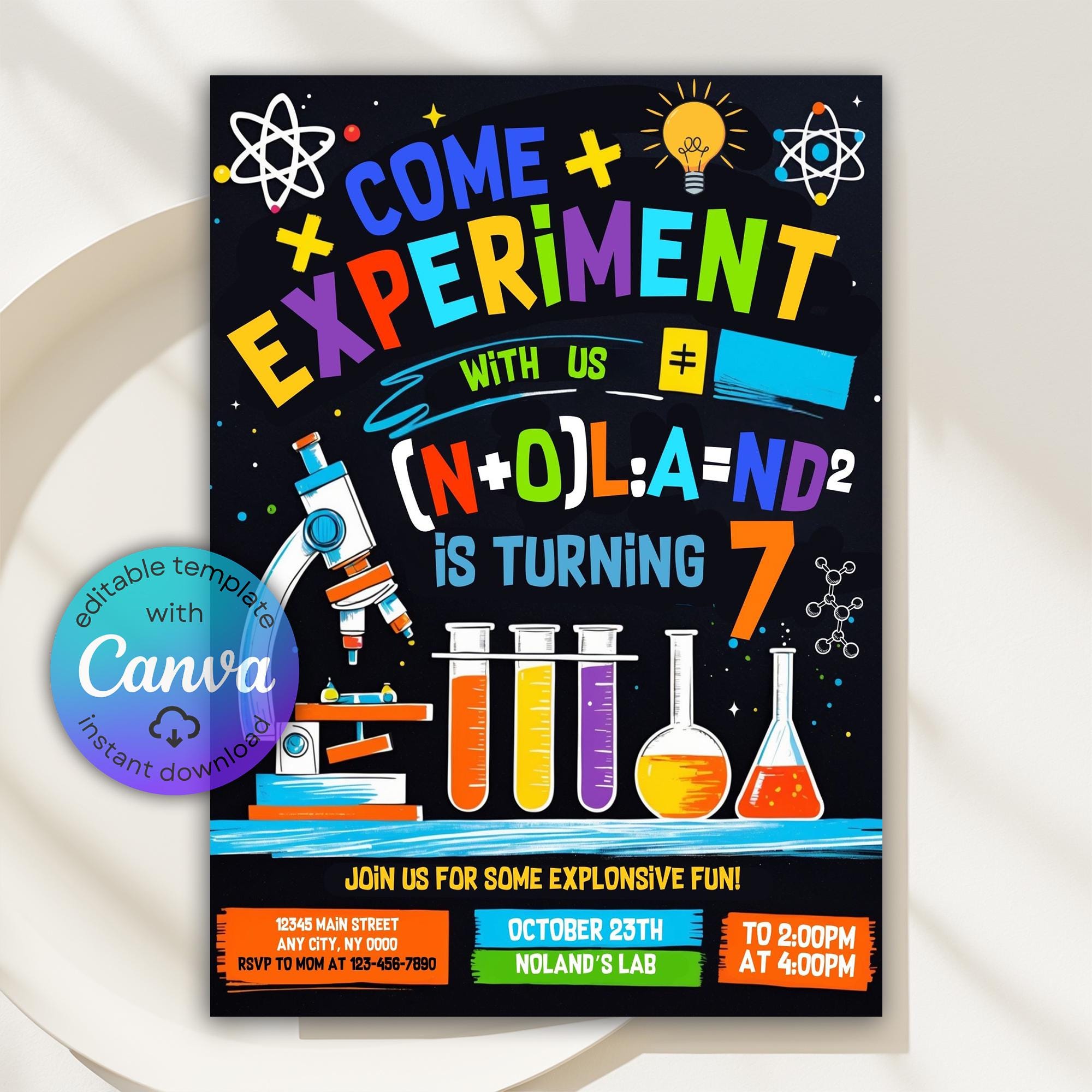 Science Invitation Abstract Editable Science Birthday Invitation, Science Experiment Birthday ...