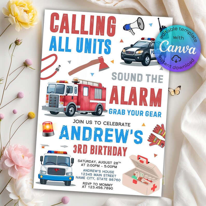 Fire Rescue Invitations Emergency Vehicles Birthday Invitation, Rescue Vehicles Invitation ...
