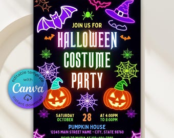 Neon-Halloween-Kostüm-Party Einladung, gruselige Kinder einladen (Canva Digitale Vorlage)
