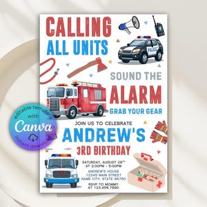 Emergency Vehicles Birthday Invitation, Rescue Vehicles Invitation, First Responders Theme Invite, Police Officer, Fire Truck, Ambulance