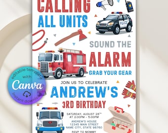 Könnte beinhalten: Eine Geburtstagseinladung mit Illustrationen von Einsatzfahrzeugen, darunter ein Feuerwehrauto und ein Polizeiauto. Der Einladungstext enthält "Calling All Units" und "Andrew's 3rd Birthday". Das Design hat ein rot-weiß-blaues Farbschema.