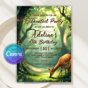 Editable Enchanted Forest Birthday Invitation, Enchanted Evening Magical Birthday Invite, Printable Enchanted Party Invite Canva Template