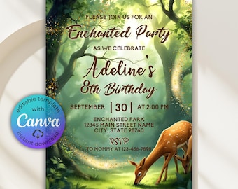 Invitación de cumpleaños del Bosque Encantado, invitación a una fiesta mágica (plantilla de Canva)