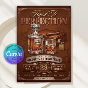 Op de afbeelding: Bruine verjaardagsuitnodiging met een whiskythema. Het ontwerp bevat een whiskykaraf, een whiskyglas, een sigarenkistje en een aansteker. De tekst luidt "Aged to Perfection" en "Nichole's 40e verjaardag."